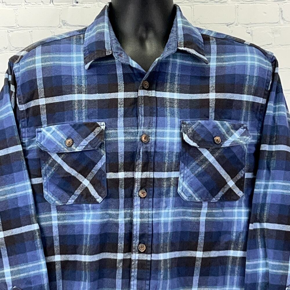 Jachs Mfg Heritage Flannel Button Front Shirt L Large Blue Plaid Pockets Cotton